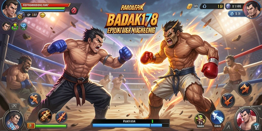 Tampilan gameplay <strong>BADAK178</strong> saat karakter bertarung di arena yang menegangkan.