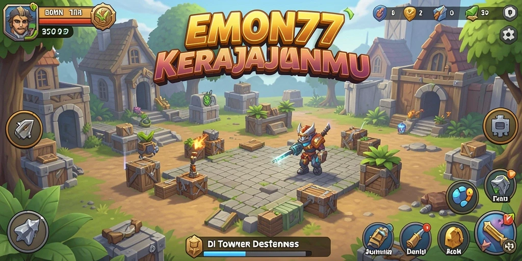 Tampilan gameplay menegangkan dari EMON77 dengan menara pertahanan yang aktif.
